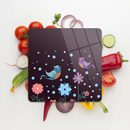 Decovetro Cam Kesme Tahtası Kare Aşk Kuşları Desenli 30x30 Cm