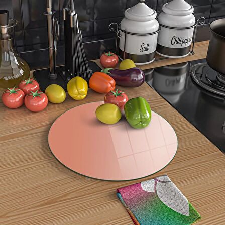 Decovetro Cam Kesme Tahtası Yuvarlak Somon Rengi 30x30 Cm