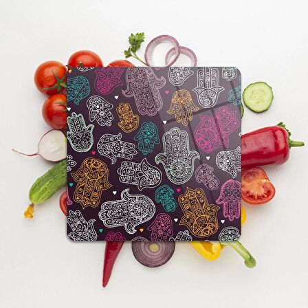 Decovetro Cam Kesme Tahtası Kare Hamsa Desenli 30x30 Cm