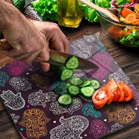 Decovetro Cam Kesme Tahtası Kare Hamsa Desenli 30x30 Cm