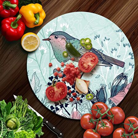 Decovetro Cam Kesme Tahtası Yuvarlak Kuş Çiçek Desenli 30x30 Cm