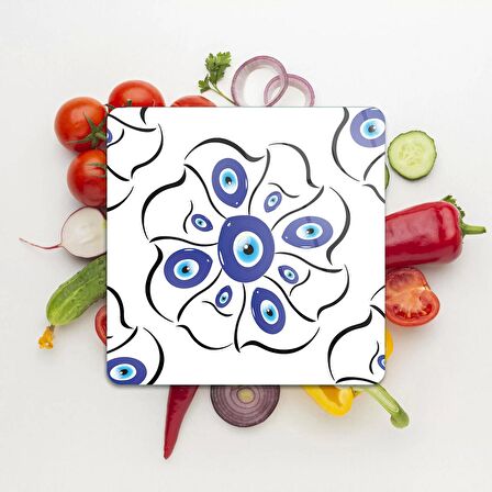 Decovetro Cam Kesme Tahtası Kare Nazar Çiçekleri Desenli 30x30 Cm