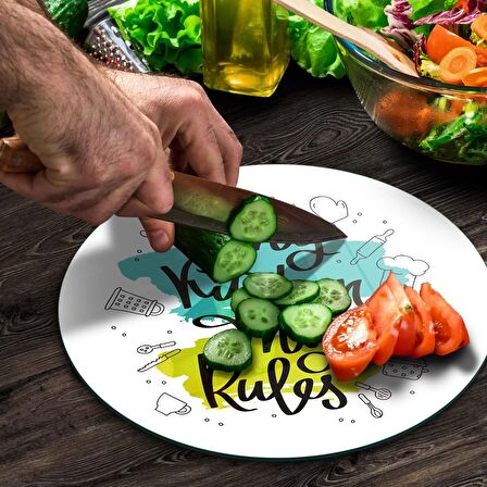 Decovetro Cam Kesme Tahtası Yuvarlak My Kitchen My Rules Desenli 30x30 Cm