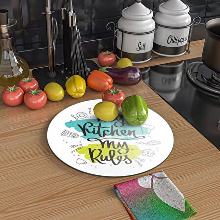 Decovetro Cam Kesme Tahtası Yuvarlak My Kitchen My Rules Desenli 30x30 Cm