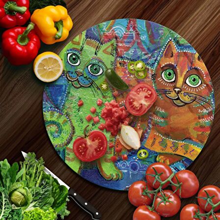 Decovetro Cam Kesme Tahtası Yuvarlak Kedi Desenli 30x30 Cm