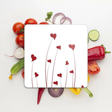 Decovetro Cam Kesme Tahtası Kare Beyaz Kırmızı Kalp Desenli 30x30 Cm