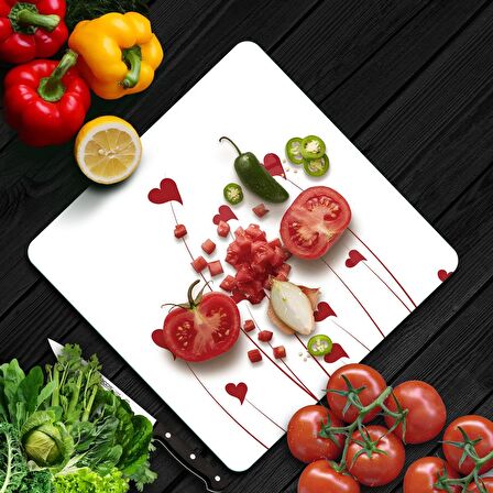 Decovetro Cam Kesme Tahtası Kare Beyaz Kırmızı Kalp Desenli 30x30 Cm