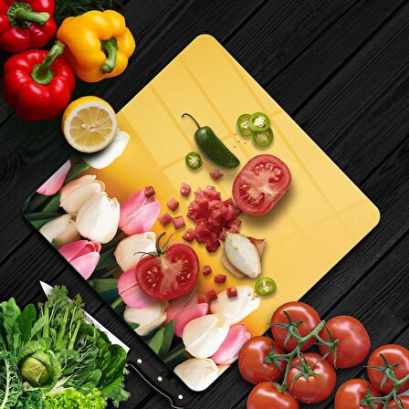 Decovetro Cam Kesme Tahtası Kare Lale Çiçekleri Kenar 30x30 Cm