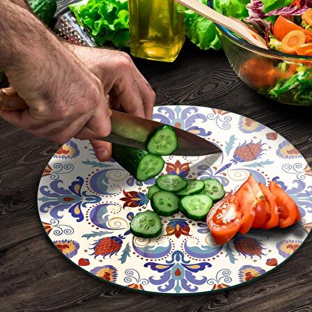 Decovetro Cam Kesme Tahtası Yuvarlak Çini Motifi Desenli 30x30 Cm