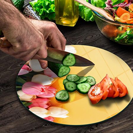 Decovetro Cam Kesme Tahtası Yuvarlak Sarı Lale Desenli 30x30 Cm