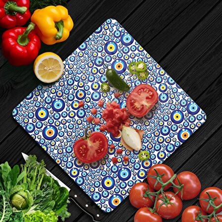 Decovetro Cam Kesme Tahtası Kare Nazar Boncuk Desenli 30x30 Cm