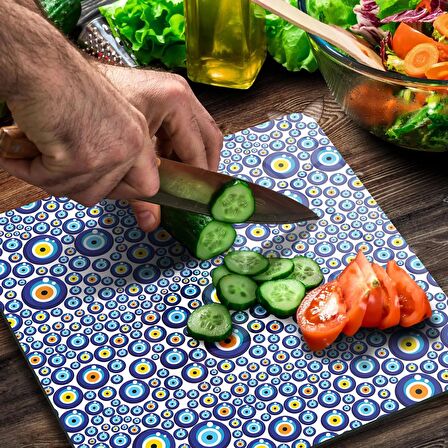 Decovetro Cam Kesme Tahtası Kare Nazar Boncuk Desenli 30x30 Cm