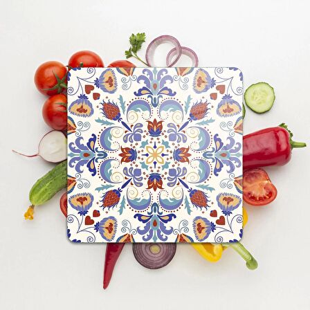 Decovetro Cam Kesme Tahtası Kare Çini Motifi Desenli 30x30 Cm