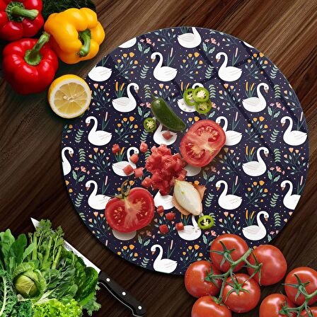 Decovetro Cam Kesme Tahtası Yuvarlak Kuğu Çiçek Desenli 30x30 Cm
