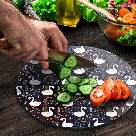Decovetro Cam Kesme Tahtası Yuvarlak Kuğu Çiçek Desenli 30x30 Cm