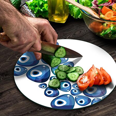 Decovetro Cam Kesme Tahtası Yuvarlak Nazar Boncuğu Desenli 30x30 Cm