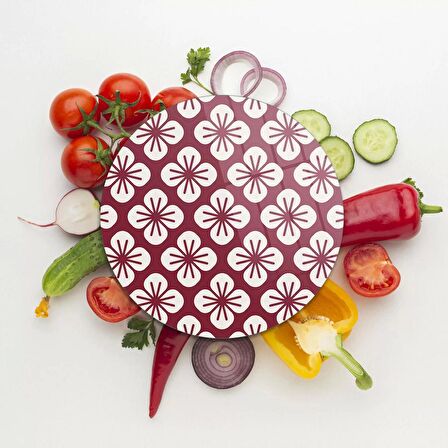 Decovetro Cam Kesme Tahtası Yuvarlak Bordo Büyük Çiçek Desenli 30x30 Cm