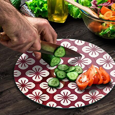 Decovetro Cam Kesme Tahtası Yuvarlak Bordo Büyük Çiçek Desenli 30x30 Cm