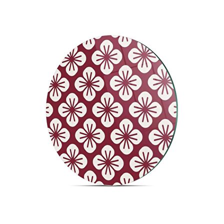 Decovetro Cam Kesme Tahtası Yuvarlak Bordo Büyük Çiçek Desenli 30x30 Cm