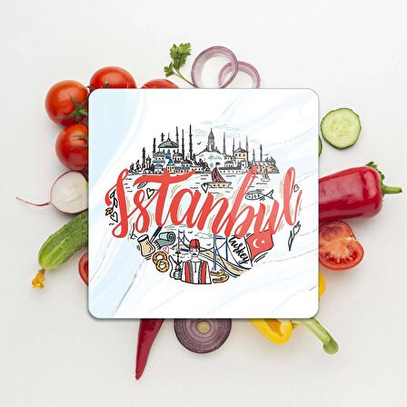 Decovetro Cam Kesme Tahtası Kare İstanbul Kolaj Desenli 30x30 Cm