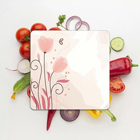 Decovetro Cam Kesme Tahtası Kare Köşe Lale Desenli 30x30 Cm