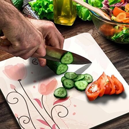 Decovetro Cam Kesme Tahtası Kare Köşe Lale Desenli 30x30 Cm