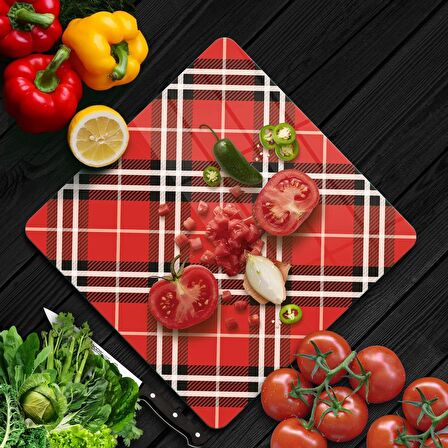 Decovetro Cam Kesme Tahtası Kare Kırmızı Ekose Desenli 30x30 Cm