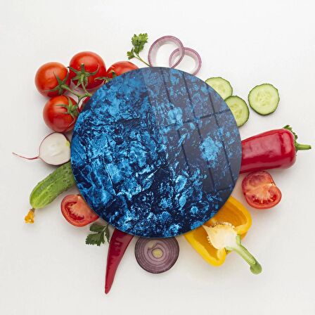 Decovetro Cam Kesme Tahtası Yuvarlak Mavi Taş Desenli 30x30 Cm