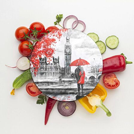 Decovetro Cam Kesme Tahtası Yuvarlak Love London Desenli 30x30 Cm