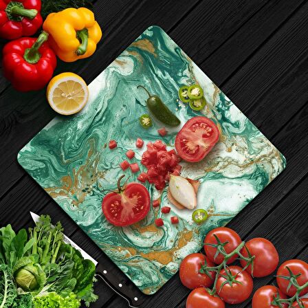 Decovetro Cam Kesme Tahtası Kare Yeşil Gold Mermer Desenli 30x30 Cm