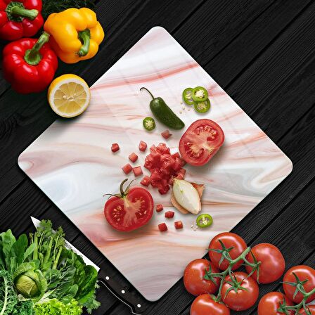 Decovetro Cam Kesme Tahtası Kare Kırmızı Mermer Desenli 30x30 Cm