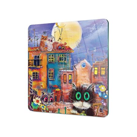 Decovetro Cam Kesme Tahtası Kare Renkli Kedi Desenli 30x30 Cm