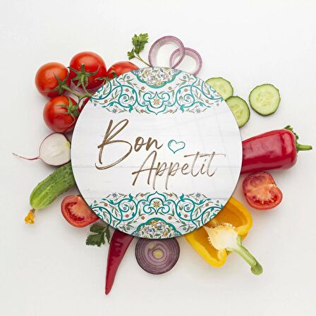 Decovetro Cam Kesme Tahtası Yuvarlak Bon Appetit Desenli 30x30 Cm