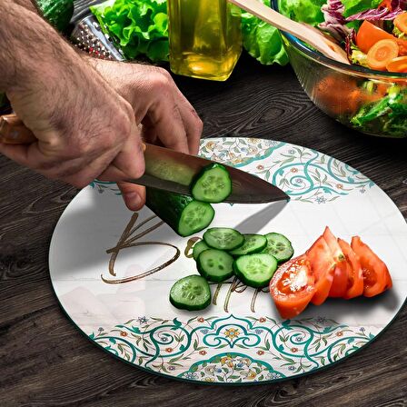 Decovetro Cam Kesme Tahtası Yuvarlak Bon Appetit Desenli 30x30 Cm