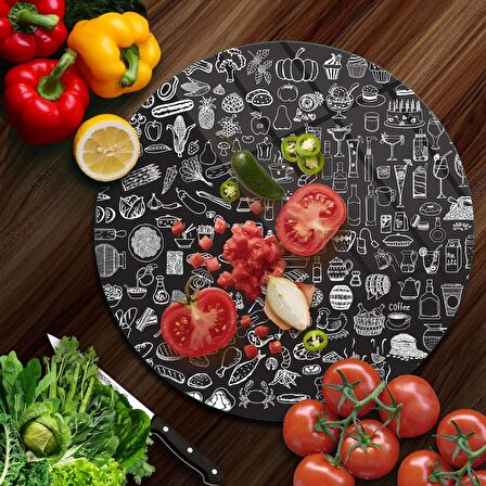 Decovetro Cam Kesme Tahtası Yuvarlak Karışık Yazı Desenli 30x30 Cm