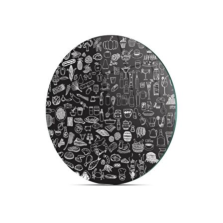 Decovetro Cam Kesme Tahtası Yuvarlak Karışık Yazı Desenli 30x30 Cm
