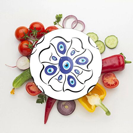 Decovetro Cam Kesme Tahtası Yuvarlak Nazar Çiçekleri Desenli 30x30 Cm