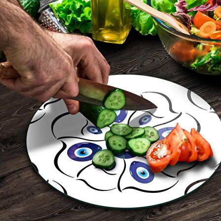 Decovetro Cam Kesme Tahtası Yuvarlak Nazar Çiçekleri Desenli 30x30 Cm