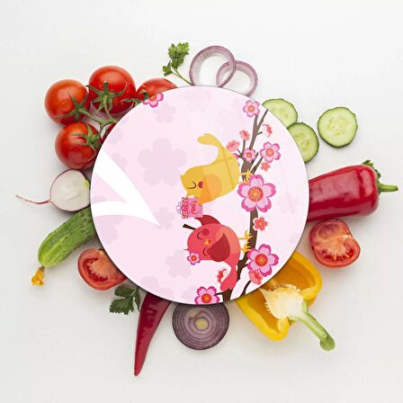 Decovetro Cam Kesme Tahtası Yuvarlak Aşk Kuşu Desenli 30x30 Cm