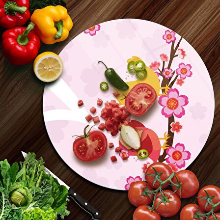 Decovetro Cam Kesme Tahtası Yuvarlak Aşk Kuşu Desenli 30x30 Cm