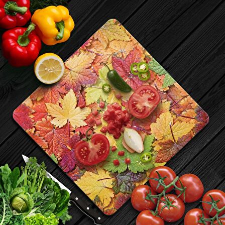 Decovetro Cam Kesme Tahtası Kare Sonbahar Yaprak Desenli 30x30 Cm