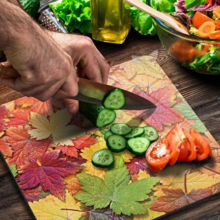Decovetro Cam Kesme Tahtası Kare Sonbahar Yaprak Desenli 30x30 Cm