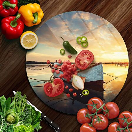 Decovetro Cam Kesme Tahtası Yuvarlak Kayık Desenli 30x30 Cm