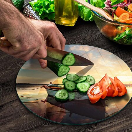 Decovetro Cam Kesme Tahtası Yuvarlak Kayık Desenli 30x30 Cm