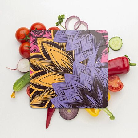 Decovetro Cam Kesme Tahtası Kare Mor Mavi Çiçek Desenli 30x30 Cm