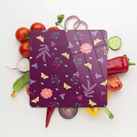 Decovetro Cam Kesme Tahtası Kare Mor Sarı Kelebek Çiçek Desenli 30x30 Cm