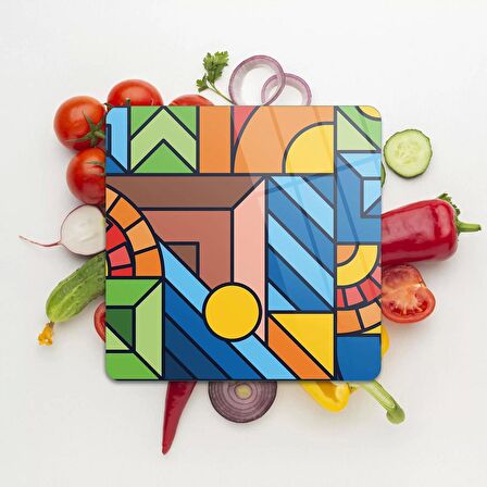 Decovetro Cam Kesme Tahtası Kare Karma Geometrik Desenli 30x30 Cm