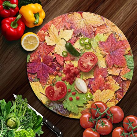 Decovetro Cam Kesme Tahtası Yuvarlak Sonbahar Yaprak Desenli 30x30 Cm