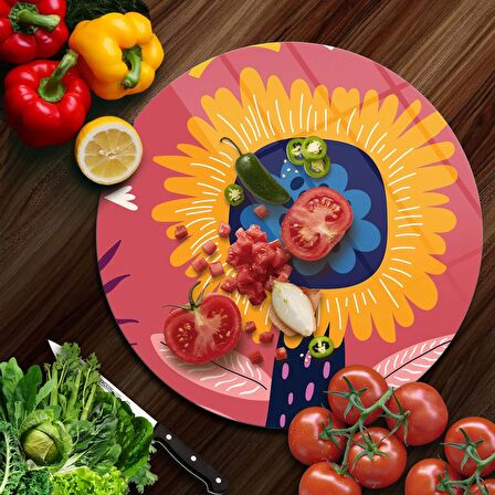 Decovetro Cam Kesme Tahtası Yuvarlak Somon Çiçek Desenli 30x30 Cm