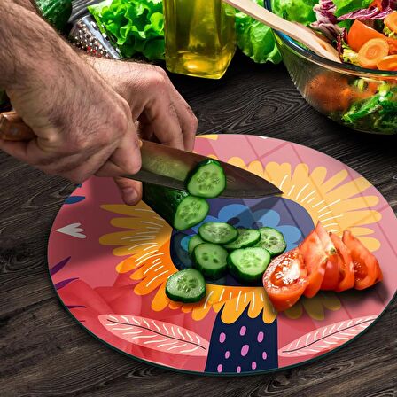 Decovetro Cam Kesme Tahtası Yuvarlak Somon Çiçek Desenli 30x30 Cm